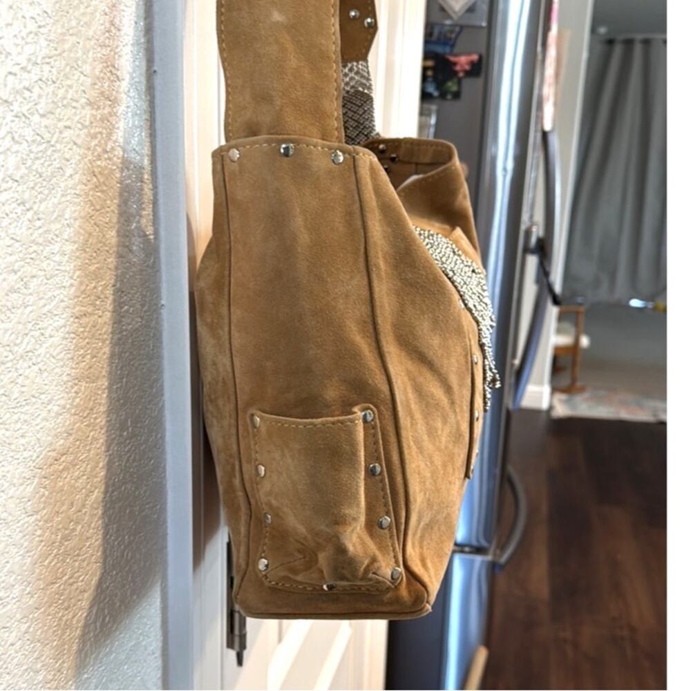Sergio Gutierrez Liquid Metal collection camel suede crossbody shoulder bag - Picture 6 of 16